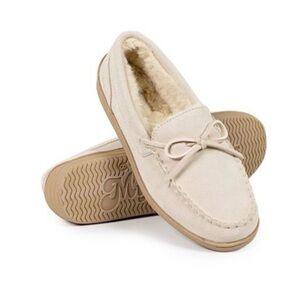 My Slippers Suede Leather Faux Fur Beach Beige Slip On Moccasin Slippers NEW